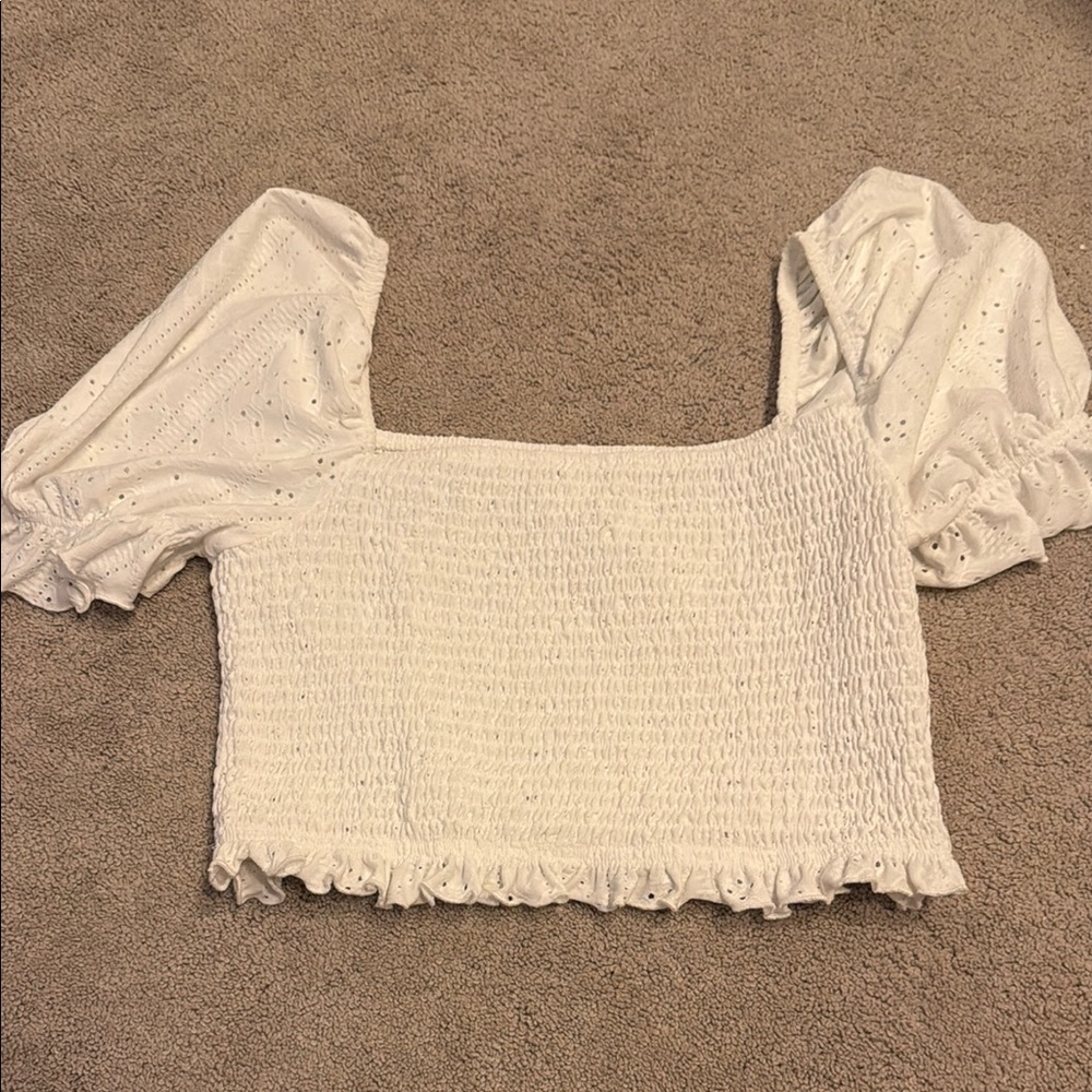 Urban Outfitters White Smocked Puff Sleeve Top